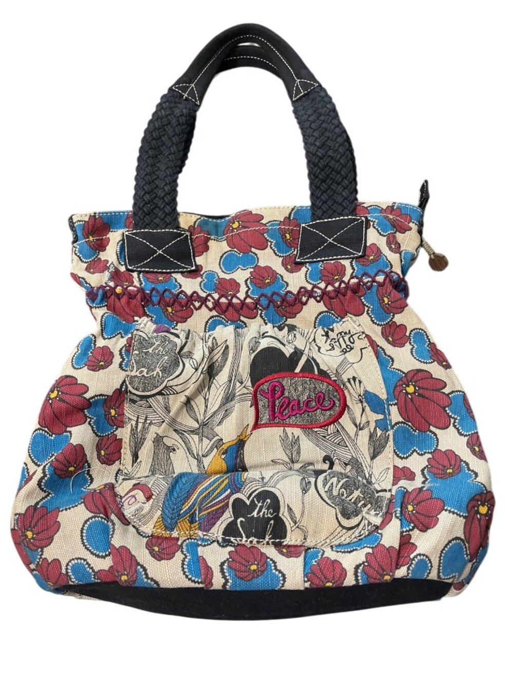 The Sak Seeds of Peace Canvas Hobo Tote Bag Happy & Free Floral Braided-Handles